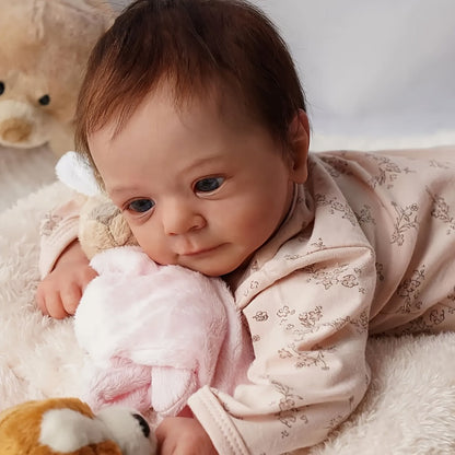 Pink Reborn Baby Doll 16 Inch 42CM Hand-Rooted Brown Hair Cloth Body – Hand-Painted Lifelike Newborn Girl Angie, Gift Set with Pacifier Feeding Container Birth Certificate for Kids Ages 3+ & Collectors