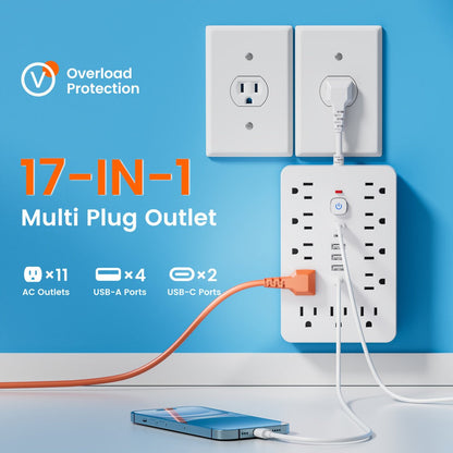 Extension Cord Power Strip with USB Ports 11 AC Outlets 4 USB-A 2 USB-C Surge Protector Overload Protection Short Cord 5FT 10FT for Home Office Study School Desk Charging Station White Black