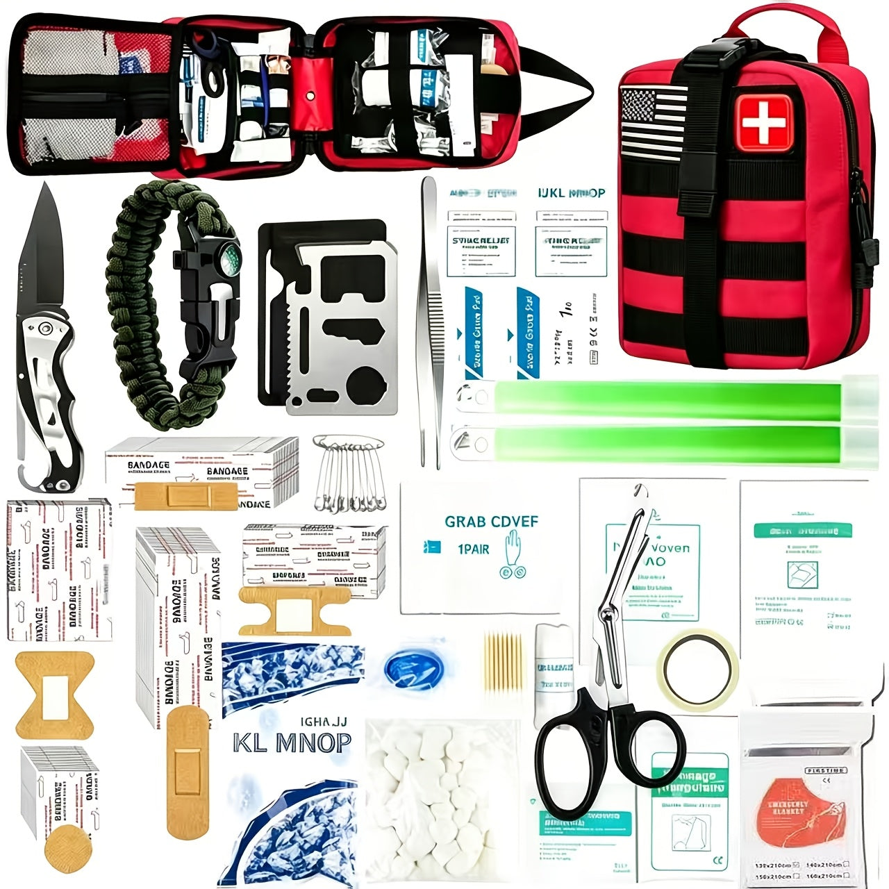 217 Piece Survival Kit with First Aid Kit & Molle Storage Bag - Emergency Gear Set for Camping, Hiking, Outdoor Adventure, Home & Office, Perfect Gift for Men, Dad, Husband, Son - Orange Green Khaki Black Red Camouflage
