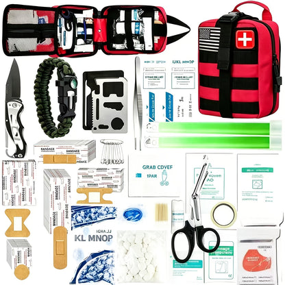 217 Piece Survival Kit with First Aid Kit & Molle Storage Bag - Emergency Gear Set for Camping, Hiking, Outdoor Adventure, Home & Office, Perfect Gift for Men, Dad, Husband, Son - Orange Green Khaki Black Red Camouflage