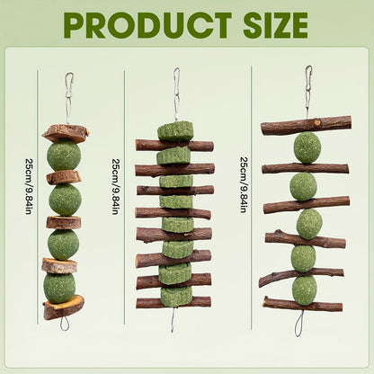Grass Cake Chew Toys 3pcs – Natural Woven Hay Cake Teeth Grinding Strings for Hamsters, Rabbits & Small Pets, Dental Care Foraging Enrichment Toy