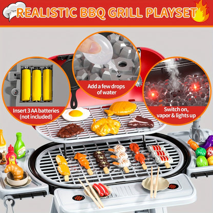 Kids BBQ Grill Playset Two-Tier with Toy Food Meats Fruits Spices & Working Water Tap – Pretend Play Outdoor Cooking Toy for Girls Boys Ages 3+ | Best Birthday Christmas Gift