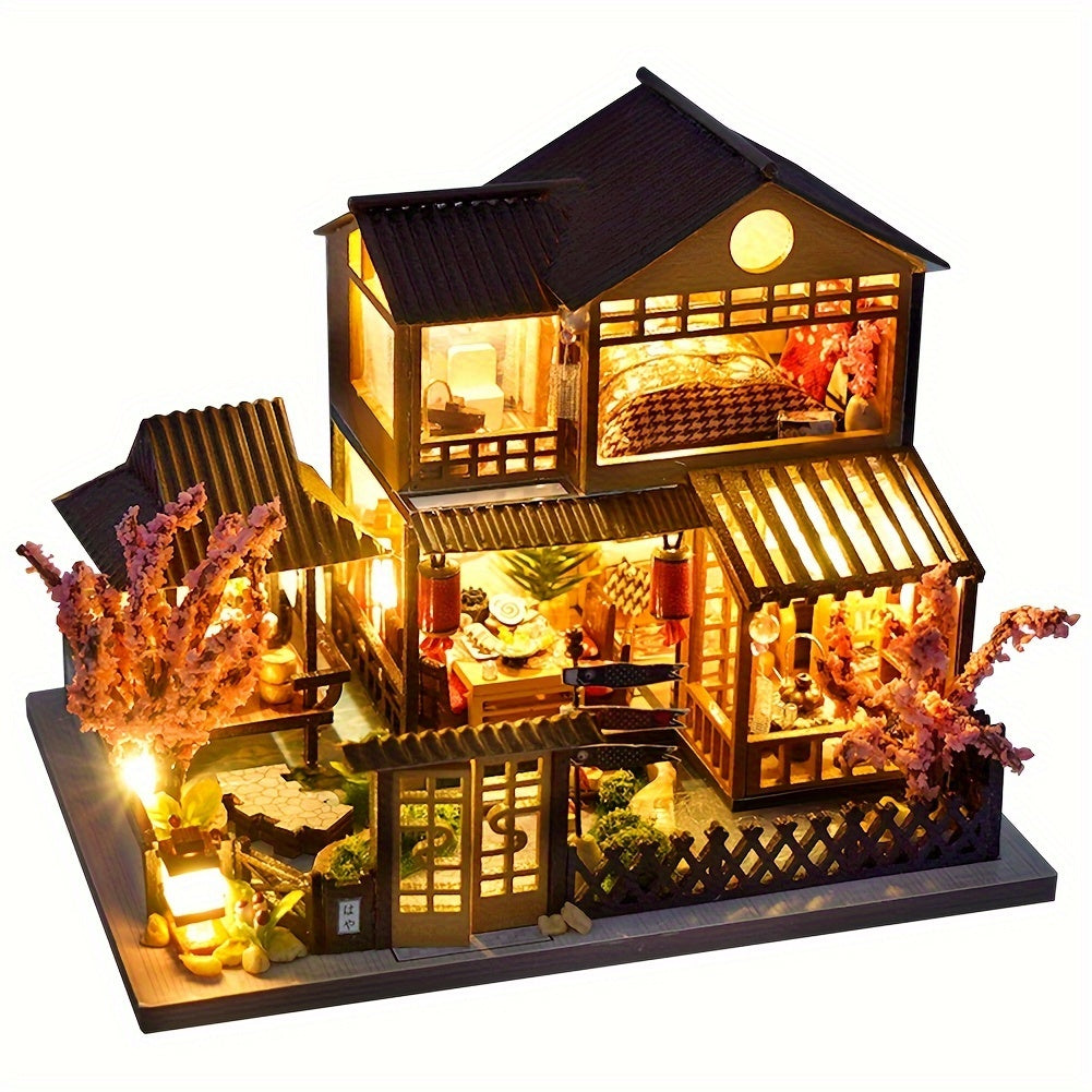 DIY Miniature House Kit – Sakura Garden Villa Wooden Dollhouse with Full Furniture & Accessories, Japanese Cherry Blossom Style, Creative Craft Gift for Adults Teens Women