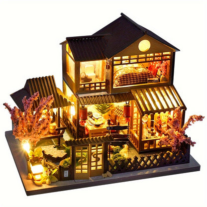 DIY Miniature House Kit – Sakura Garden Villa Wooden Dollhouse with Full Furniture & Accessories, Japanese Cherry Blossom Style, Creative Craft Gift for Adults Teens Women