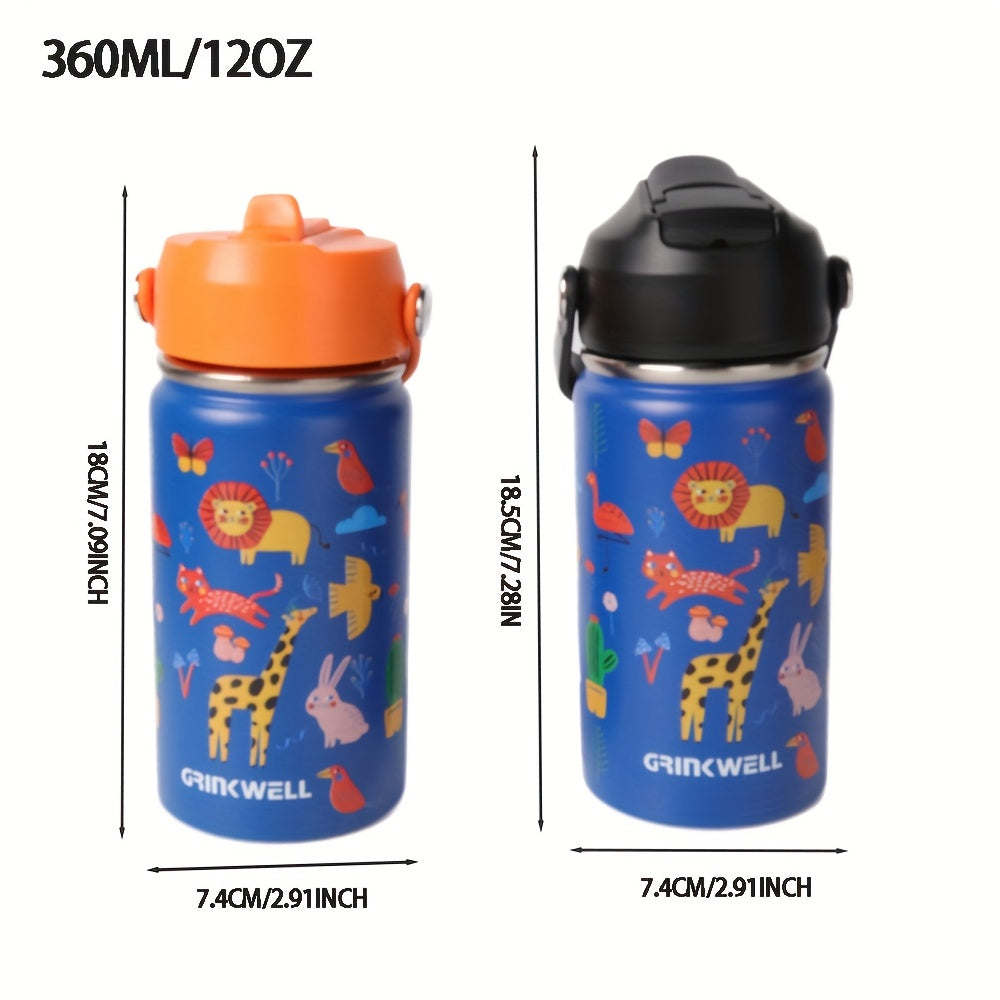 Insulated Stainless Steel Water Cup with Straw | 12oz 340ml, 3D Cartoon Pattern, Double Wall, Handle & Straw Brush – Travel, School & Outdoor
