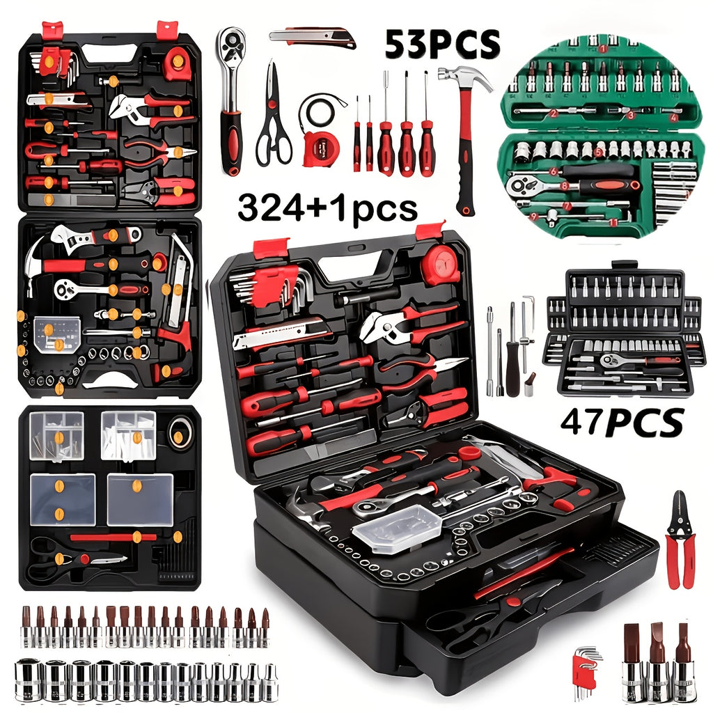 [Fast Arrival] 324+1pc/53/47pcs Professional Automotive Master Tool Kit - Premium Tool Sets For Car, Bike, And Motorcycle Maintenance - Compact, Portable, And All-In-One Solution With Ratchet Wrench, Assorted Screwdriver Set, Without Battery
