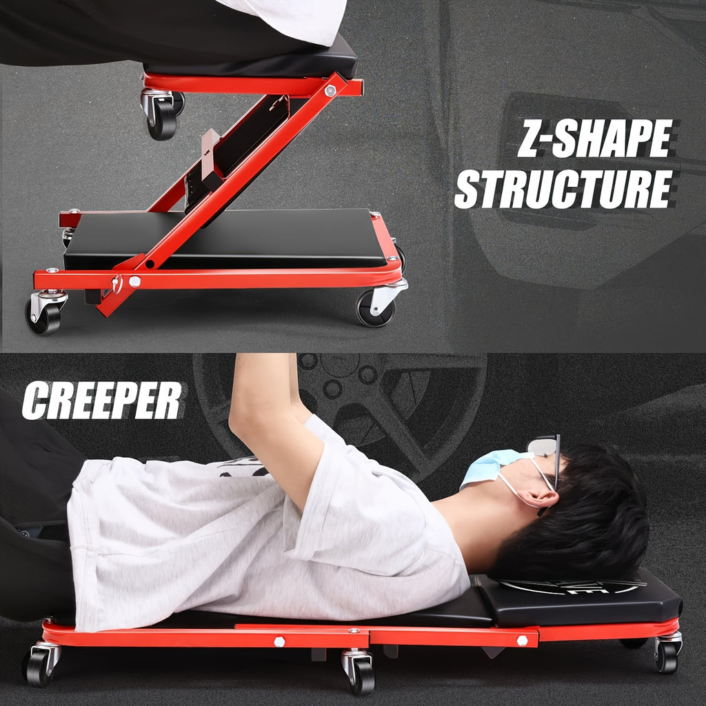 36" Heavy-Duty 3-In-1 Folding Crawler. Professional-Grade with Adjustable Z-Seat (Tilt/Recline). Features 6 Lockable Casters And A 350-650 Lb Capacity. The Essential Red/Black Tool for Multi-Purpose Automotive Repair