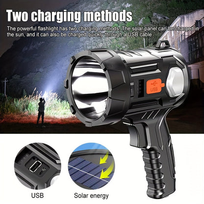 Solar Rechargeable Flashlight Super Bright LED Searchlight USB Charging ABS Spotlight for Camping Hiking Search Emergency Outdoor