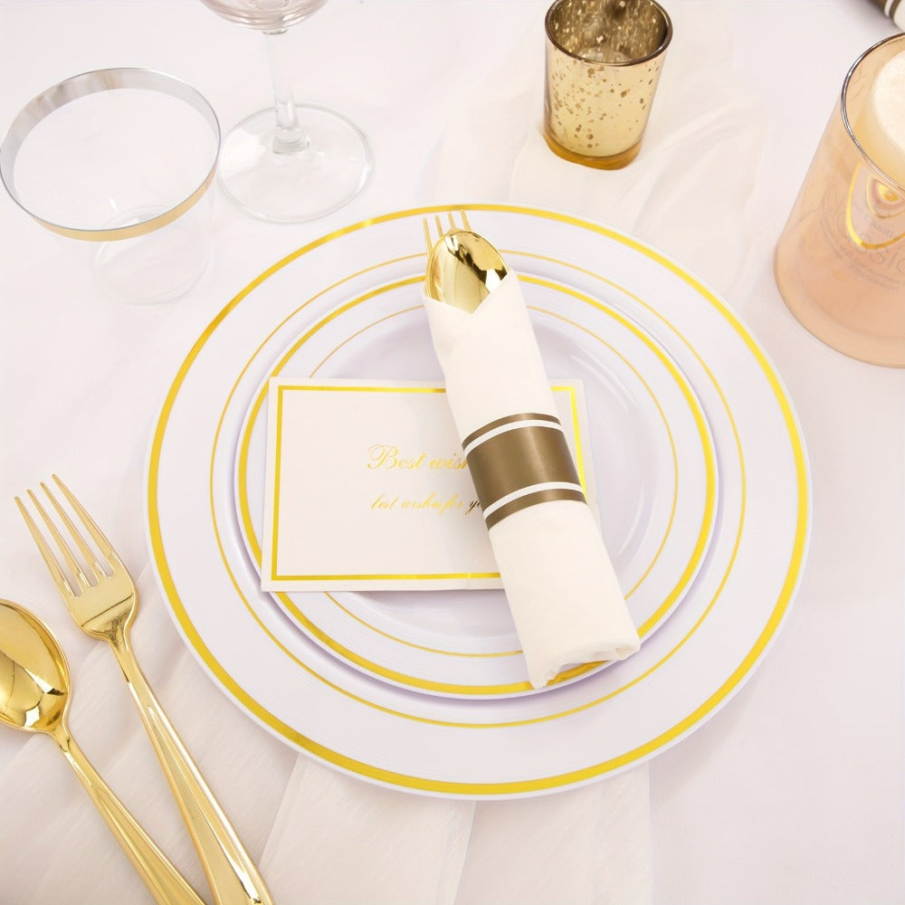 Gold Plastic Plates Disposable Dinnerware Set 350pcs – 50 Dinner Plates, 50 Dessert Plates, 50 Gold Rim 9oz Cups & 50 Gold Cutlery Sets | Elegant Party Tableware for Wedding, Birthday & Holiday Events