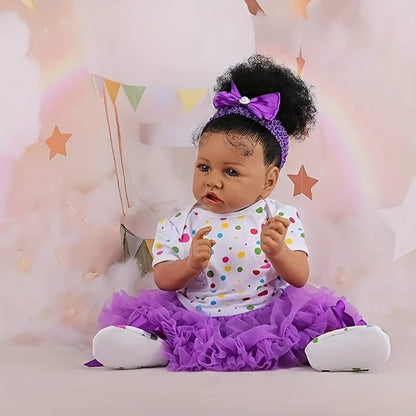 African American Reborn Baby Doll 21.5 Inch Full Vinyl – Curly Hair Black Girl Doll, Hand-Painted Lifelike Skin, Collectible Art Doll, Birthday Christmas Holiday Gift for Kids Ages 3+ & Collectors