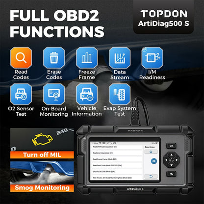 AD500S OBD2 Scanner for Vehicle Diagnostics, Capable of Reading Engine, ABS, SRS, And Transmission Codes, Along with Five Reset Services
