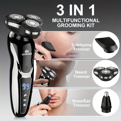 Electric Shaver for Men 3D Floating Blade 3-in-1 Beard Trimmer Digital Display USB Rechargeable Portable Grooming Kit Standalone 3-in-1 or 4-in-1 Set