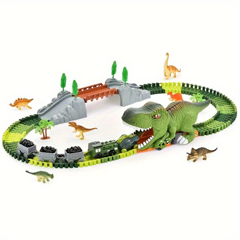 Electric Dinosaur Train Track Set 121pcs – Battery Powered Dino Swallowing Car Sliding Train Toy with Random Car Combinations for Boys Girls Kids Ages 3 4 5 6+