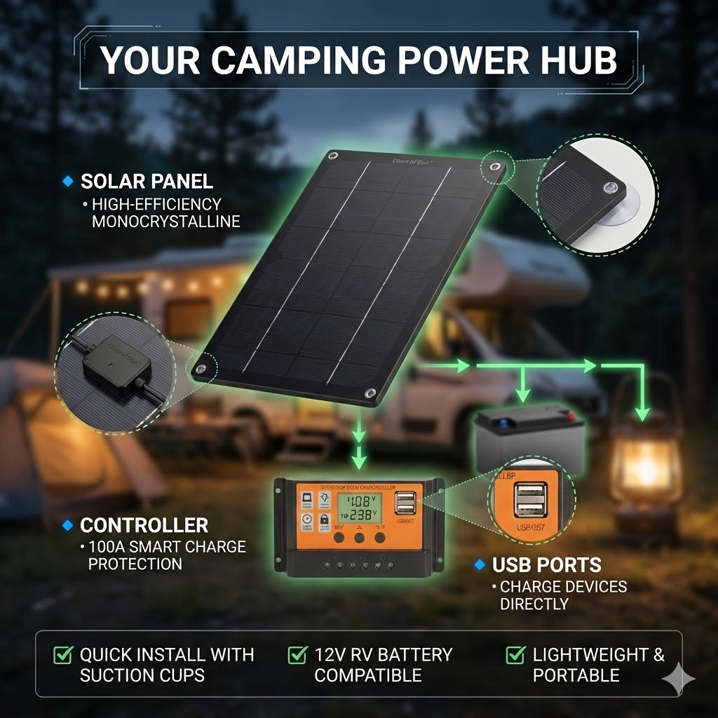 Lightweight Portable Solar Panel, Fast-charging High-power Kit, Monocrystalline, with 100A Controller, Cord & Clamps, Stable In Low Temp, for RV, Boat, Car, Camera, 4-season Camping, Hiking, Emergency Off-grid Power, No Battery