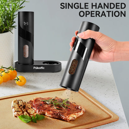 Electric Pepper Grinder Set USB-C Rechargeable with LED Light Ceramic Core Adjustable Coarseness One-Hand Automatic Salt Pepper Mill Kitchen Gift for Home Cooking Camping BBQ