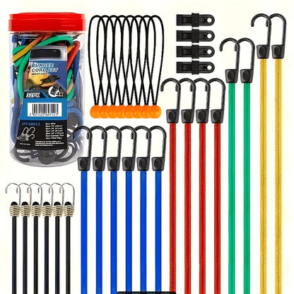 32pcs Premium Elastic Cord SetIt Includes Heavy-duty Outdoor Elastic Cords In 10-inch, 18-inch, 24-inch, And 40-inch Lengths, 4 Sunshade Clips, And 6 Small Spherical Elastic Cords.