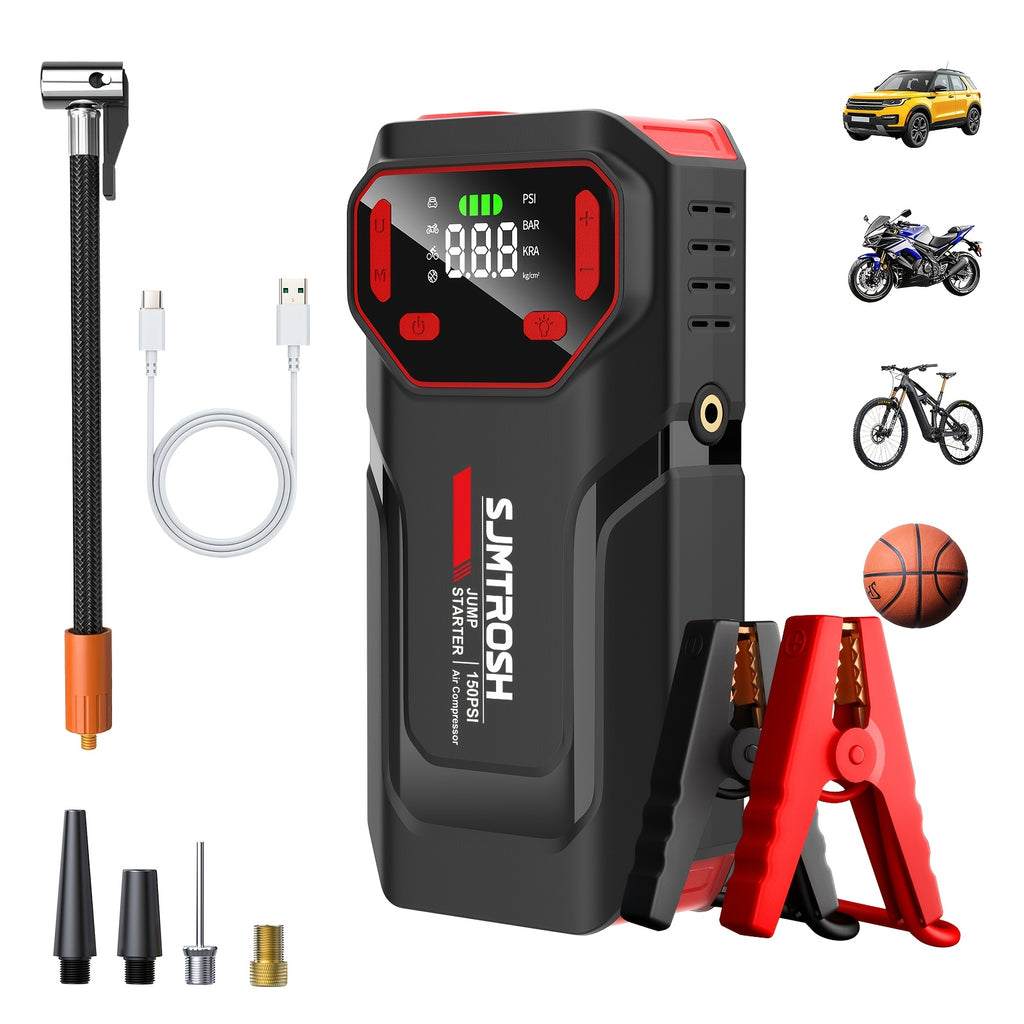 Kickstart Your Vehicle Using an Air Compressor with a Maximum Pressure of 150 PSI And a 12V Power Supply, Ideal for 8.5 Liters of Gasoline Or 1.72 Gallons of Diesel. It Features USB Input/Output And an LED Emergency Light