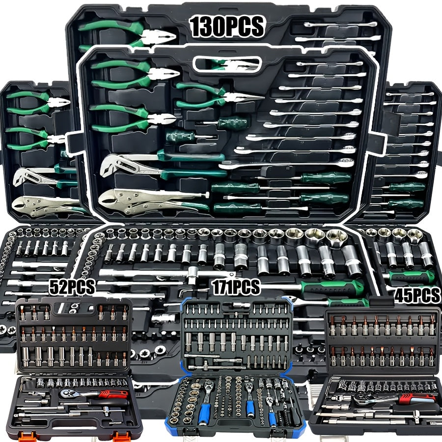 171/130/52/45pcs A Fully Functional Outdoor Emergency Vehicle Repair Tool Kit, An Integrated Solution For Vehicle, Bicycle And Motorcycle Maintenance, A Multi-functional Manual Combination Wrench Set, Without Batteries, For Male Use Only