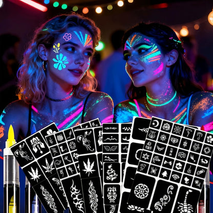 Face Body Paint Pen Set 8 Colors with 105 Tattoo Stencils – Glow in the Dark Neon UV Blacklight Face Paint Kit Easy Apply & Remove for Halloween Party Festival Cosplay Stage