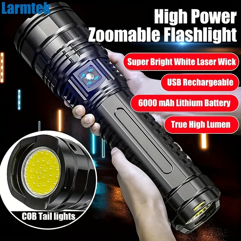 Zoomable COB Flashlight 5 Modes USB Rechargeable Power Bank with COB Tail Light for Camping Hiking Emergency Outdoor Adventures