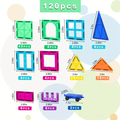 Magnetic Tiles 120pcs with 2 Toy Cars for Kids Ages 3 4 5 6 – Deluxe 3D Magnet Building Blocks Stacking Ramp Set STEM Educational Toy Creative Birthday Christmas Gift Boys Girls