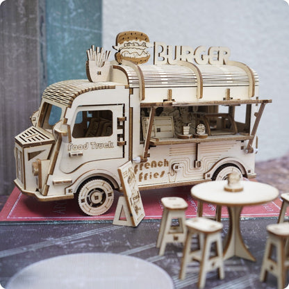 Basswood Food Truck 3D Puzzle Model Kit – DIY Building Toy for Kids & Adults, Yellow Miniature Snap-Fit Craft, Creative Birthday Halloween Christmas Gift for Boys Girls