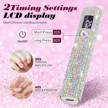 Rechargeable Single Finger LED Nail Lamp UV Gel Curing Light 365nm 405nm Dual Wavelength Rhinestone Flashlight Design 40-Min Runtime Digital Display Portable Travel DIY Manicure Tool