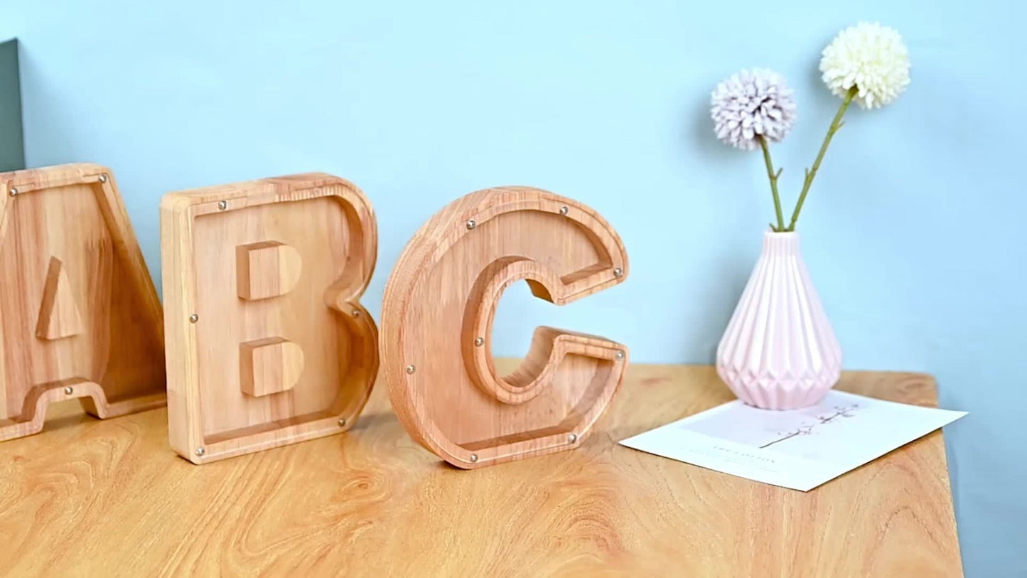 Wooden Letter Penny Bank – Alphabet Coin Bank Savings Box for Kids & Adults, Personalized Money Bank Birthday Gift, A to Z Initial Letter Bank