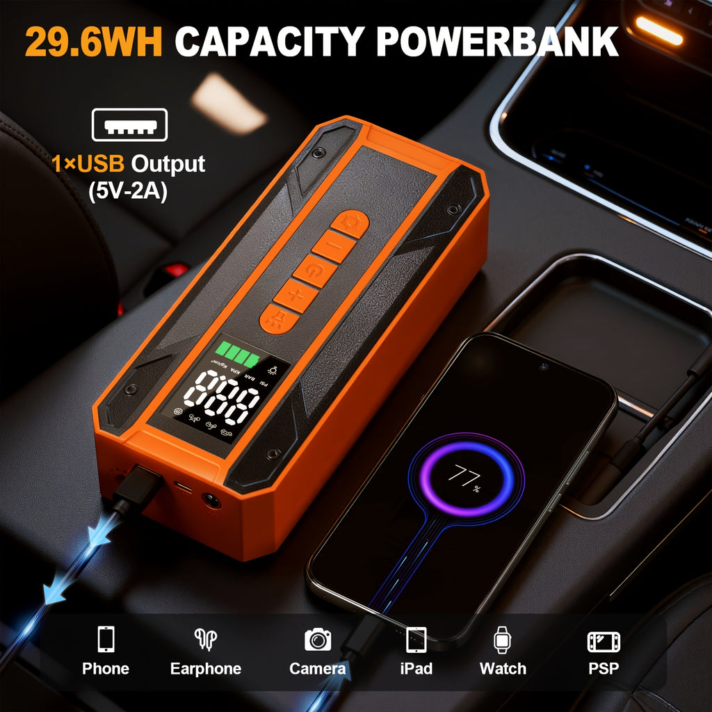 Portable 12V Jump Starter with Air Compressor & Tire Inflator, LCD Display Battery Booster Pack, - Power, 3-Mode Flashlight, Built-In Charger & Booster for, Emergency Power Supply Suitable for Car Jumper, Tire Inflator, Battery Booster