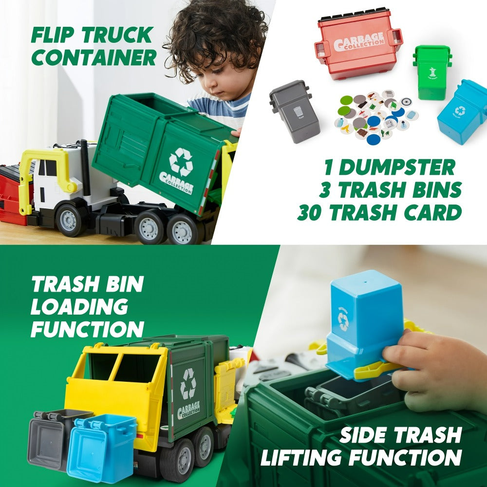 Garbage Truck Toy Set 16-Inch Large Friction-Powered with Lights & Sounds, Color-Coded Trash Bins, Garbage Sorting Learning Cards – Educational Gift for Boys & Girls Ages 3+