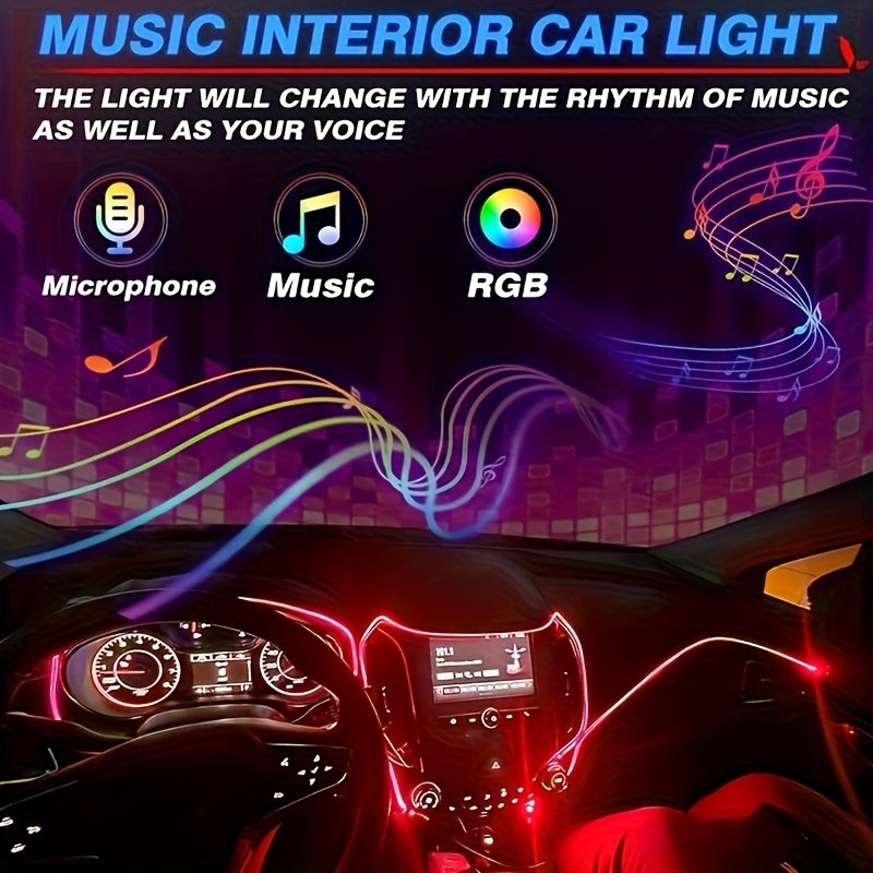 Automotive LED Interior Light Strip, 5 in 1 236 Inch/ 6 in 1 315 Inch RGB Multi-Color, with Optical Fiber Ambient Lighting Kit, Remote Control And APP Control, Car Car Plug LED Light Strip with Music Synchronization Mode, Without Battery