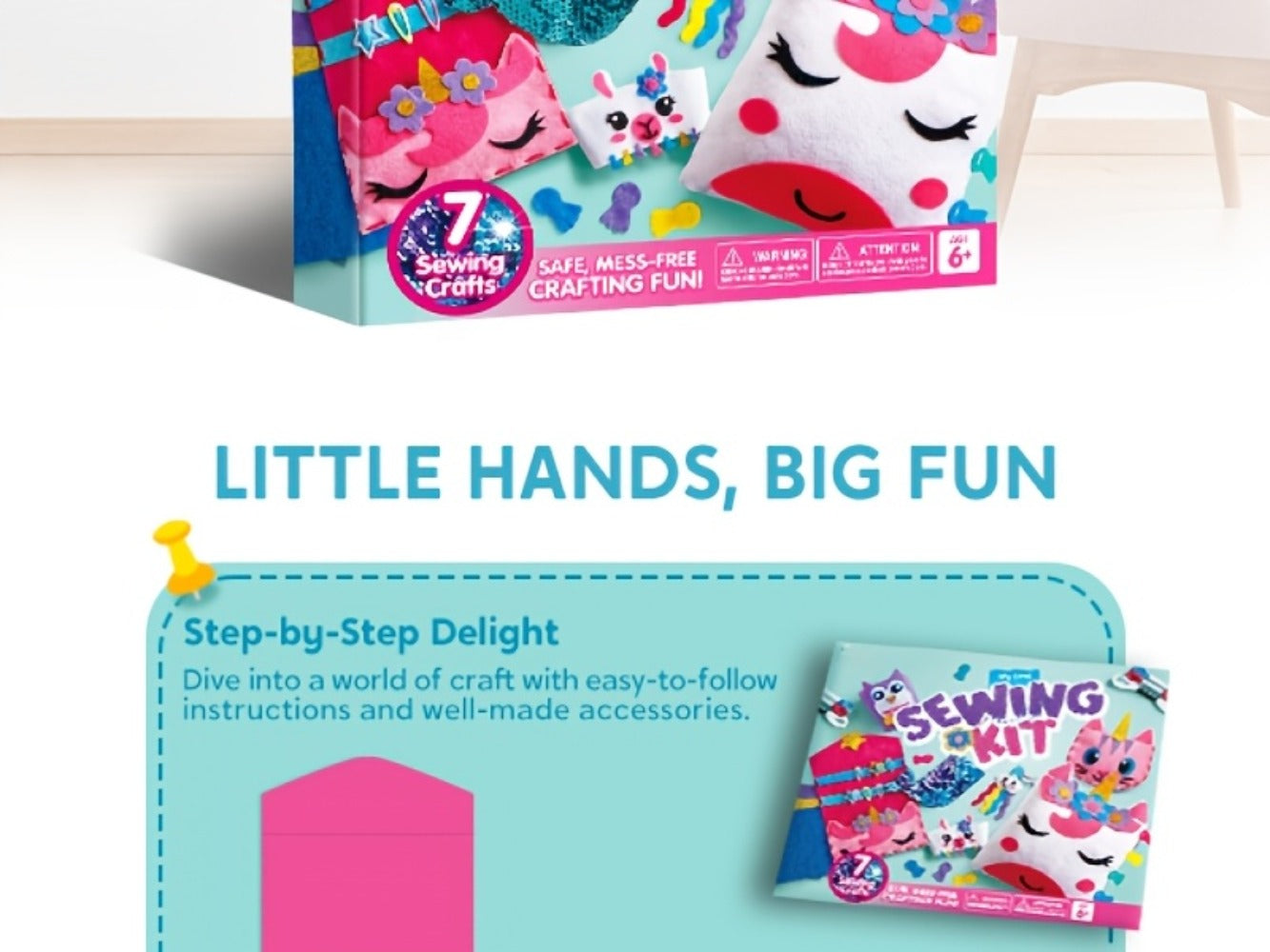 Kids Sewing Kit for Beginners 7 Felt Craft Projects – Pre-Punched Holes Safe Needles Mini Pillow Keychain Card Holder Cup Sleeve, STEM Life Skills Gift for Girls Boys Ages 6 7 8 9 10