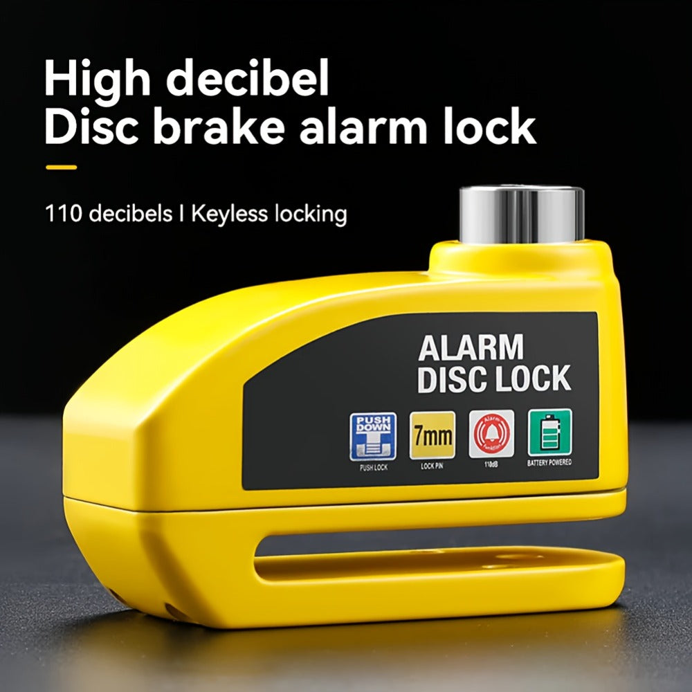 Motorcycle Disc Brake Lock with 110dB Alarm, Anti-Theft Security Lock for Motorcycles Bicycles Scooters, Motion-Activated Loud Alarm Wheel Lock, Compact & Portable, Yellow & Black
