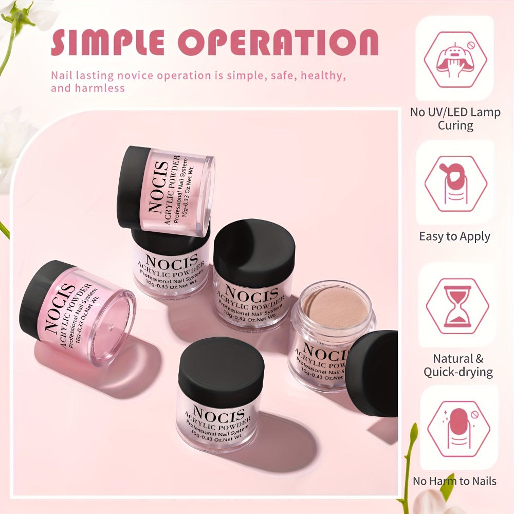 6 Color Pink Nude Crystal Acrylic Powder Set — No Lamp Needed Professional 3D Nail Art French Extensions All Season Salon & Home Kit Beginner to Tech