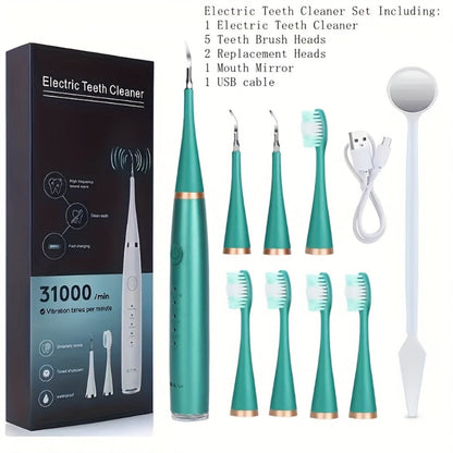 Electric Teeth Cleaner Kit USB Rechargeable – 5 Cleaning Modes Dental Scaler Plaque Tartar Remover Gum Health Tool for Adults Family Holiday Gift Set Black White Green