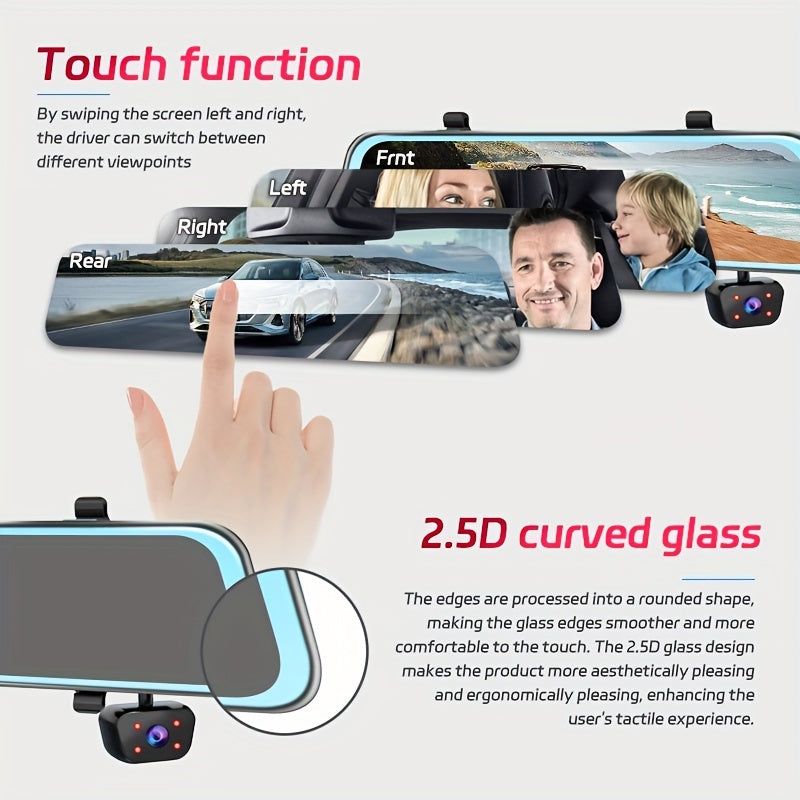 11.66" Rearview Mirror Dash Camera for Vehicles Featuring a Touch Screen, Wifi, GPS, And Multi-Functionality. It Includes a 360° Camera, 4K+1080P Recording for Front, Back, Left, And Right Views, a Night Vision G-Sensor, Loop Recording