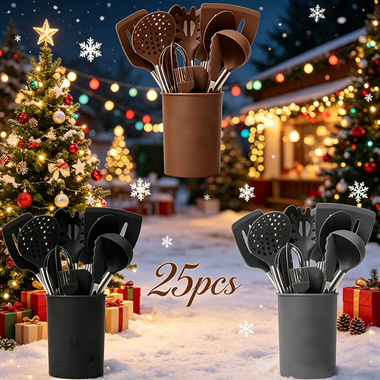 Silicone Kitchen Utensils Set 25pcs Nonstick Cooking Utensils with Stainless Steel Handle Food-Grade Silicone Spatulas Spoons Tongs Complete Kitchen Tool Set for Indoor Outdoor Cooking Grey Black Coffee