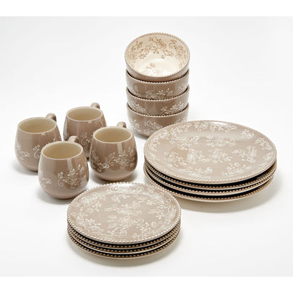 Floral Lace Dinnerware Set 16 Piece Essential Plates Bowls Mugs Complete Table Service for 4 Elegant Taupe Floral Design Dishwasher Safe Ceramic Dinnerware for Home Kitchen Dining