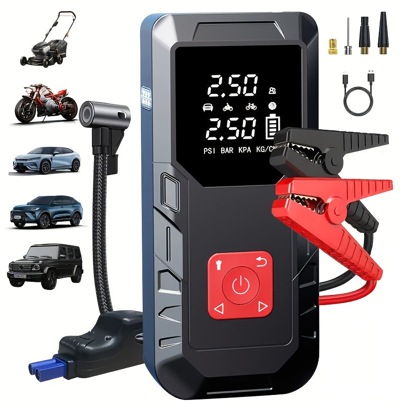 10000A Portable Car Jump Starter Optional10000A Portable Car Jump Starter (with 350PSI Tire Inflator) 9-in-1 Car Battery Charger Jump Starter Accessories And Tools LED Light USB Type-C And Output Interfaces Fast Charging Function, Suitable As Gift