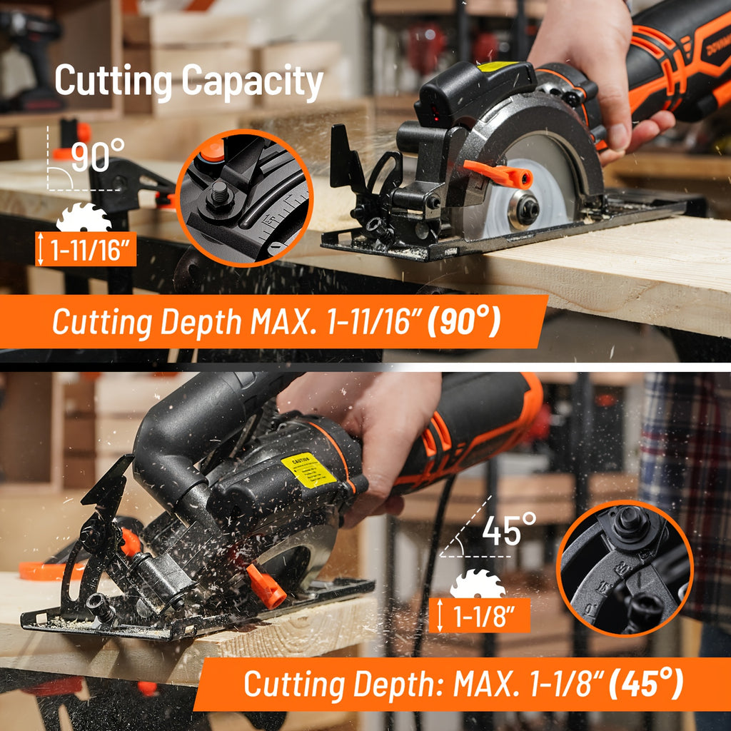 4.5 Inch Mini Compact Circular Saw with Laser Guide, Dual Metal Side Handle Stable Control, 5.2A 7000RPM Power Saw, 43mm Max Cutting Depth, 6 Extra Saw Blades Included, Cuts Wood, Plastic, Soft Metal, Tile. Perfect DIY Power Tool Gift