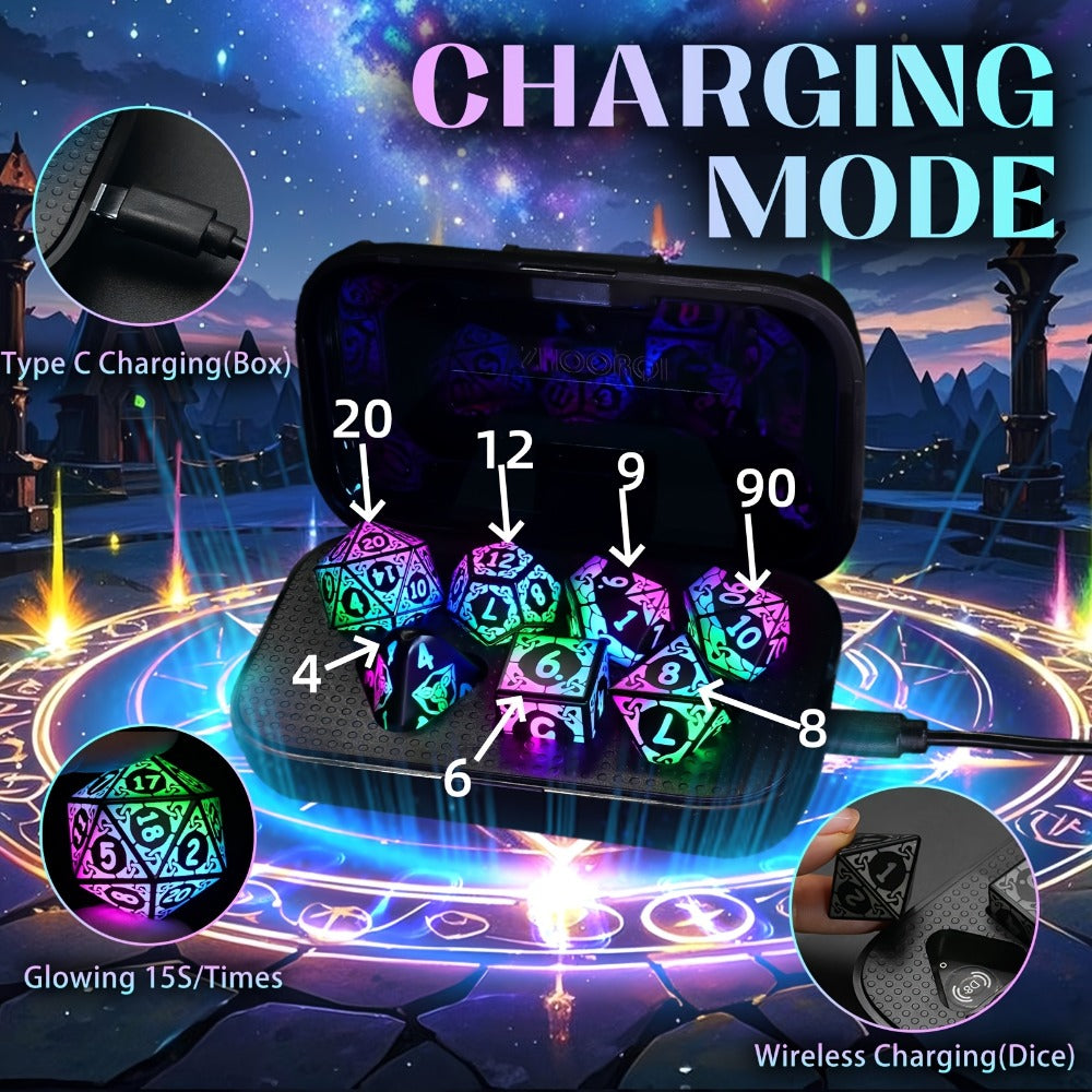 LED Dice Set 7pcs Wireless Rechargeable Light Up – Colorful Glowing Polyhedral Dice with Charging Box, D4 D6 D8 D10 D12 D20 for DnD RPG Tabletop Games, Gamer Gift Halloween Christmas Birthday