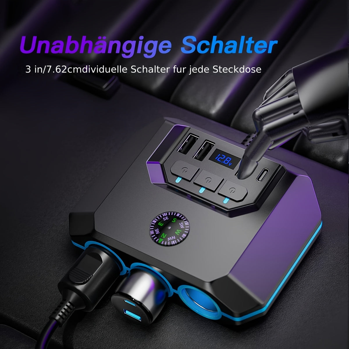 Car Lighter Splitter Charger Adapter 3 Socket Power Outlet 120W USB 12V/24V Car Socket Outlet Splitter with Voltage Monitor Independent Switch for
