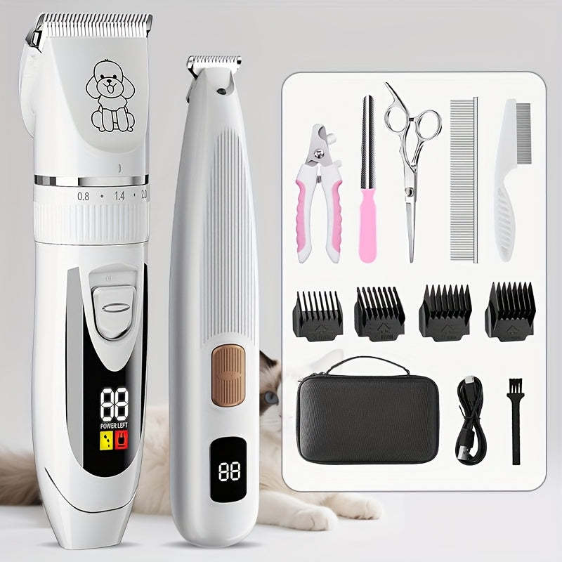 Pet Grooming Kit with Quiet Rechargeable Clippers - Cordless Electric Shaver & Complete Tool Set for Dogs and Cats, Low Noise Home Grooming with Digital Display Option