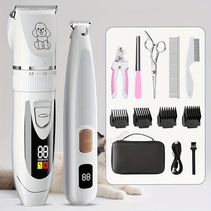 Pet Grooming Kit with Quiet Rechargeable Clippers - Cordless Electric Shaver & Complete Tool Set for Dogs and Cats, Low Noise Home Grooming with Digital Display Option
