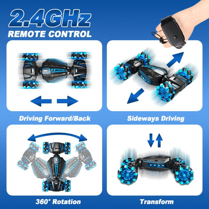 RC Stunt Car 1:24 Scale 8WD Dual Remote Control for Kids Boys Girls – 2.4GHz 28KM/H Crash-Resistant Race Car All-Terrain Tires LED Lights Two Player Birthday Christmas Holiday Gift Red Blue