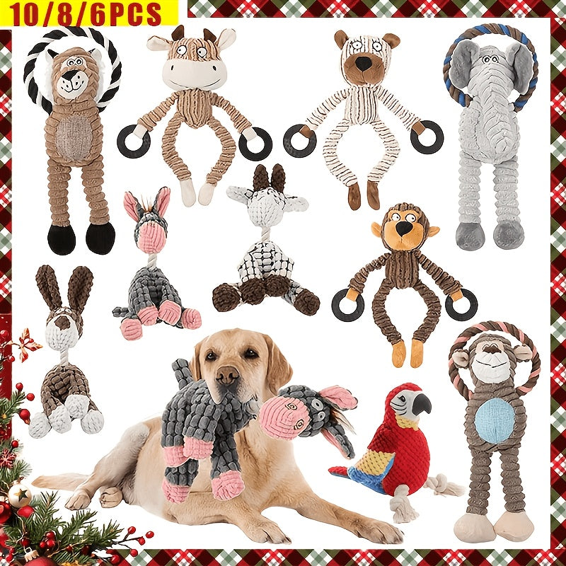 Squeaky Plush Rope Dog Toy Set with Animal Print for Aggressive Chewers - 6 8 or 10 Pack Interactive Tug-of-War Chew Toys for All Dog Breeds No Batteries Required