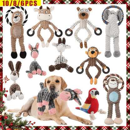 Squeaky Plush Rope Dog Toy Set with Animal Print for Aggressive Chewers - 6 8 or 10 Pack Interactive Tug-of-War Chew Toys for All Dog Breeds No Batteries Required