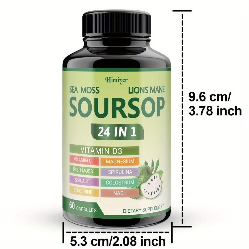 Soursop Graviola Capsules 24-in-1 Herbal Blend — Turmeric Spirulina Sea Moss Vitamin D3 Bitter Leaf | Immune Defense Antioxidant Gut Energy Support | 60 Capsules Per Bottle