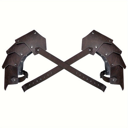Medieval Shoulder Armor Double Pauldron for Men & Women – Embossed PU Faux Leather Warrior Pauldrons for Halloween LARP Cosplay Renaissance Fair Theater, Khaki Dark Brown Black