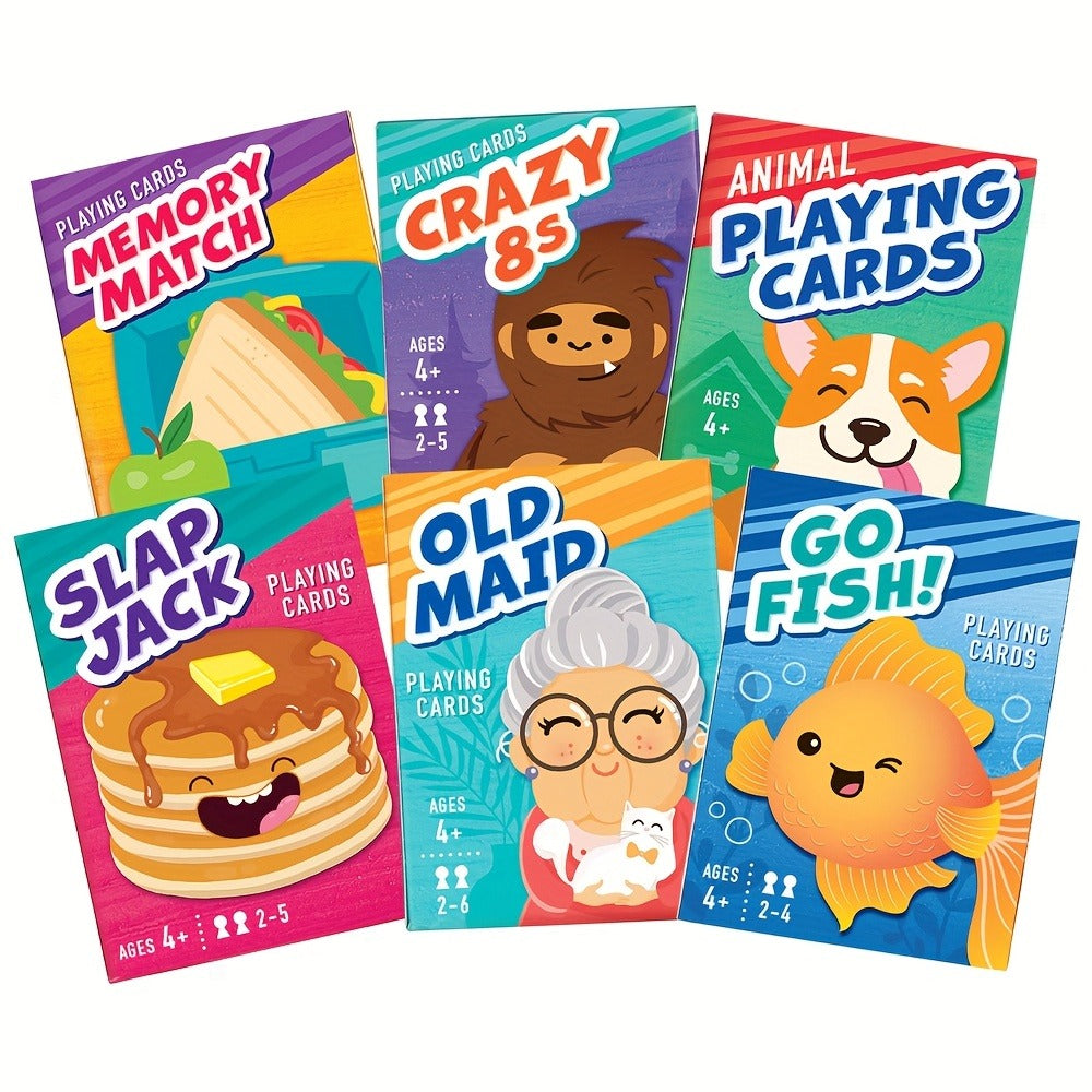 Kids Card Games 6 in 1 Set with 6 Decks Go Fish Old Maid Crazy Eights Memory Match Slap Jack Animal Cards for Ages 4+ Family Game Night Birthday Christmas Stocking Stuffer